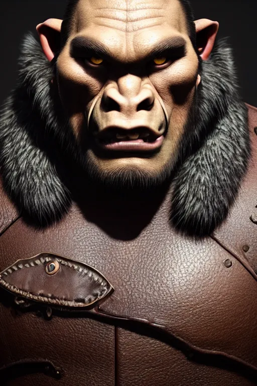 Prompt: A full body shot of a handsome orc!!! looking into the camera wearing a leather fur jacket and boots, full body shot, detailed face, portrait, artstation, realistic, highly detailed, symmetrical, D&D, Dungeons & Dragons, hyper realistic, dynamic pose, high detail, octane render, unreal engine, 8k, fantasy art, highly detailed, dramatic lighting, concept art