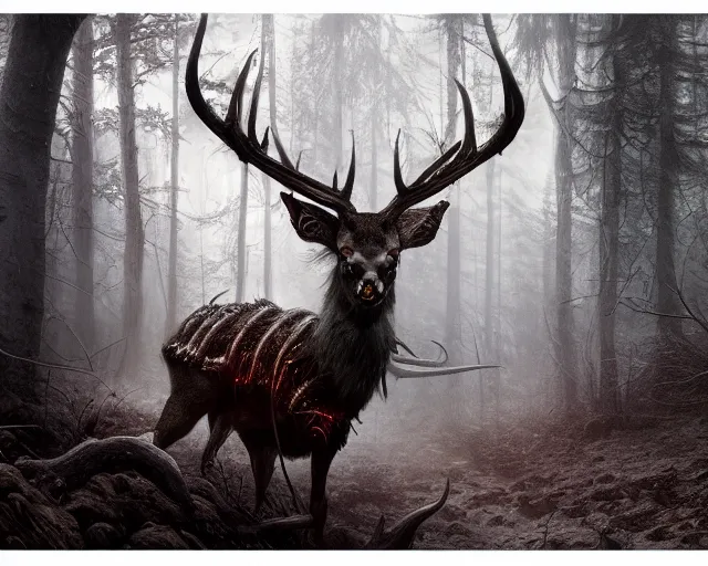 Image similar to 5 5 mm portrait photo of an armored demonic undead deer with antlers, in a magical forest looking at the camera. dark atmosphere. art by greg rutkowski and luis royo. highly detailed 8 k. intricate. lifelike. soft light. nikon d 8 5 0.