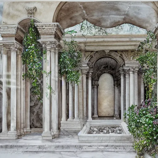 Prompt: delicate marble garden, watercolors on paper, stony, puffy, botanical herbarium, botanic, iridescent, 8 k wide angle, realistic shaded, fine details, artstation, italian, colonnade, oak tree, pinecone, pomegranade, hydrangea, vines, gardena architecture, pompeii