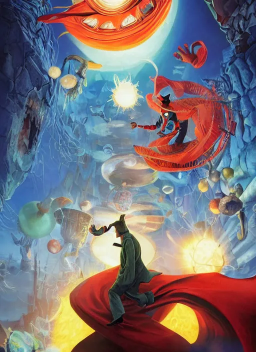 Prompt: the third first image on the scattered absurdity server, dr seuss, and dr strange, looking at an open portal hopping and time warping with reckless abandon, dramatic atmosphere, photo realistic, hyperrealism, by Greg rutkowski, Jacek Yerka, Dan Mumford