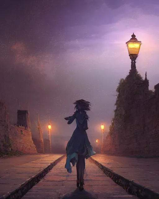 Prompt: over the shoulder landscape painting of violet evergarden, behind are distant lights from an old european city, next to the reflecting ocean, nighttime, by Philipp A. Urlich and Pengzhen Zhang and Andreas Rocha, fantasy, intricate, elegant, highly detailed, digital painting, artstation, blender, unreal engine 5, octane render, smooth, sharp focus, illustration