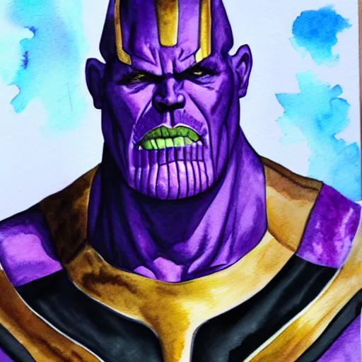 Image similar to a portrait of thanos, watercolor painting on a paper