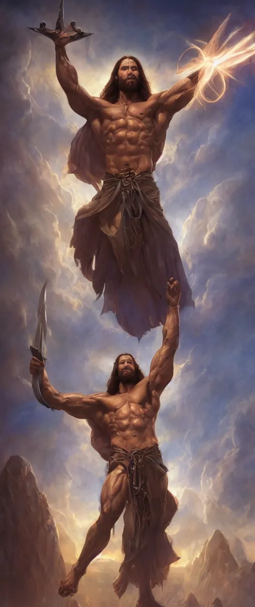 Image similar to extremely muscular jesus christ, magic the gathering art, studio lighting by jessica rossier and brian froud and gaston bussiere