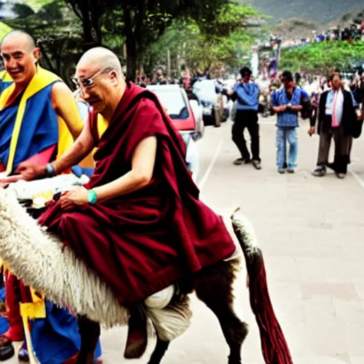 Image similar to photograph of the dalai lama riding a llama in lima