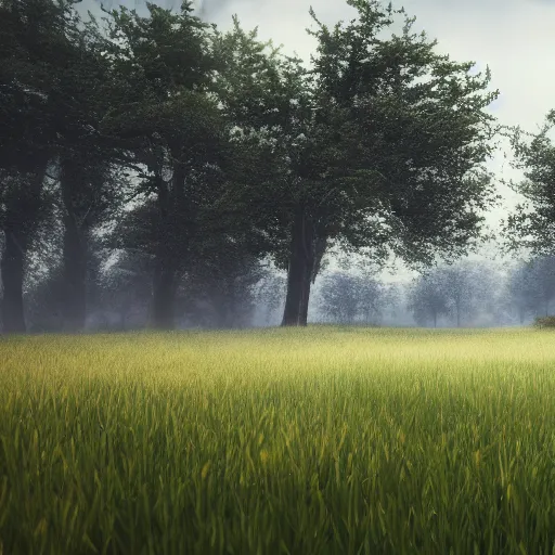 Image similar to landscape field, hyperrealistic, cinematic, unreal engine 5, rain
