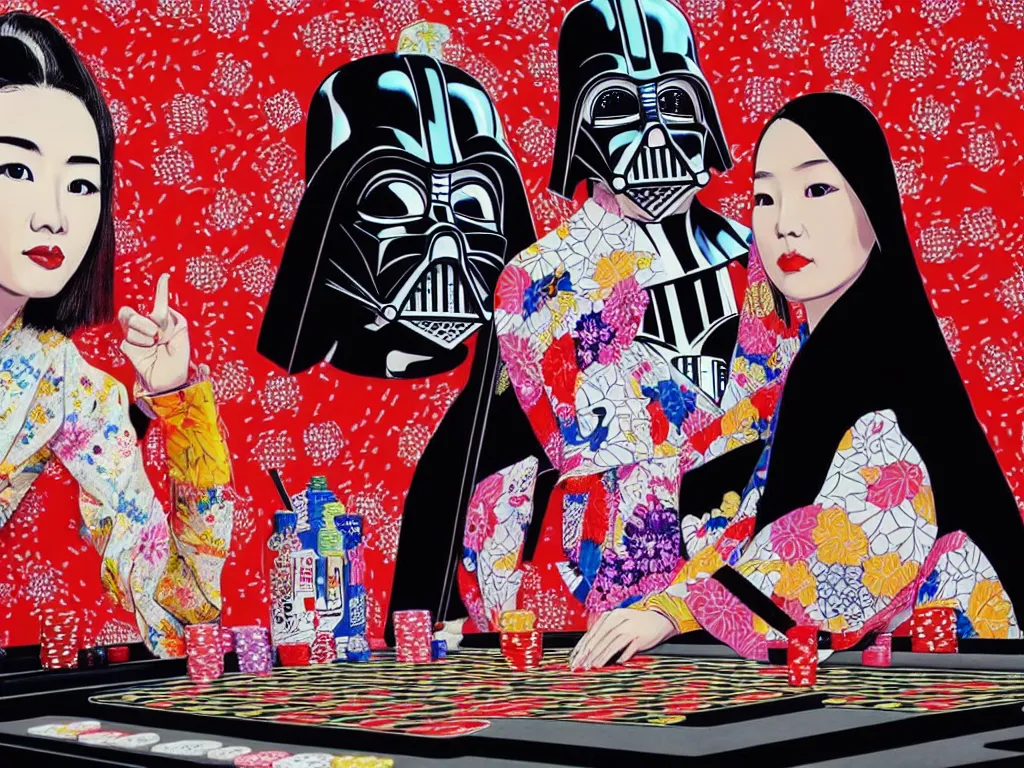 Image similar to hyperrealism composition of the detailed woman in a japanese kimono sitting at an extremely detailed poker table with darth vader, fireworks and folding screen on the background, pop - art style, jacky tsai style, andy warhol style, acrylic on canvas