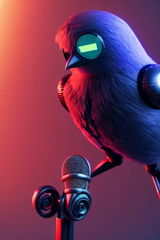 Prompt: high quality 3 d render very cute cyborg crow! sings into big microphone!, cyberpunk highly detailed, unreal engine cinematic smooth, in the style of blade runner & detective pikachu, hannah yata charlie immer, moody light, low angle, uhd 8 k, sharp focus