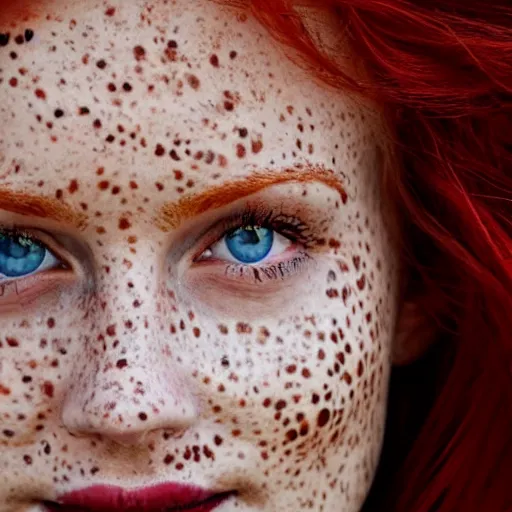 Image similar to Close up photo of the left side of the head of a redhead woman with gorgeous blue eyes and wavy long red hair, red detailed lips and freckles who looks directly at the camera. Slightly open mouth. Whole head visible and covers half of the frame, with a park visible in the background. 135mm nikon.