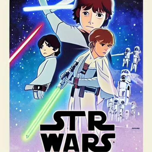 Prompt: Star Wars A New Hope poster drawn in anime style of Studio Ghibli, art, sharp focus, soft light