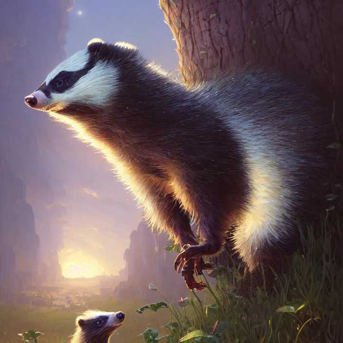 Image similar to highly detailed portrait of a cute badger, unreal engine, fantasy art by greg rutkowski, loish, rhads, ferdinand knab, makoto shinkai and lois van baarle, ilya kuvshinov, rossdraws, tom bagshaw, alphonse mucha, global illumination, radiant light, detailed and intricate environment