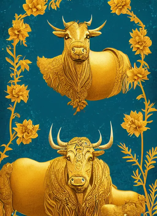 Image similar to golden paper + an intricate ox depiction + elaborate illustration, very detailed, deviantart, 8 k vertical wallpaper, tropical, colorful, airy, illustration, nature