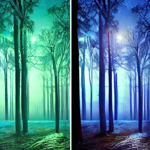 Prompt: Photorealistic, highly detailed, forest landscape, dark blue background, illuminated big wintry oak trees with different colors, night time