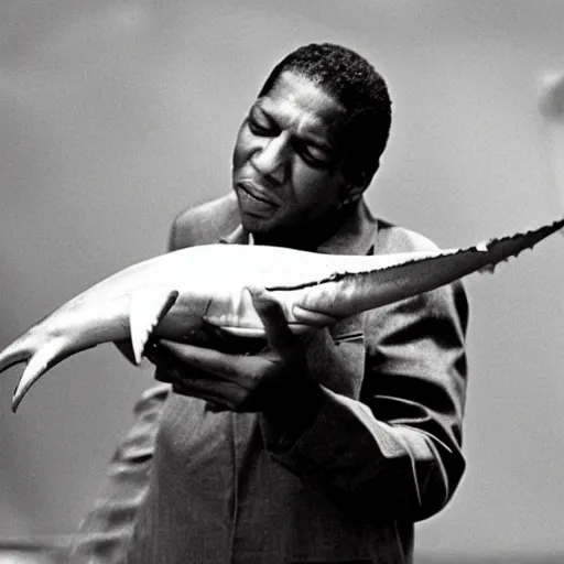 Prompt: john coltrane hugging and kissing a hammerhead shark