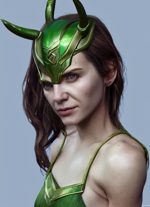 Image similar to female loki, au naturel, hyper detailed, digital art, trending in artstation, cinematic lighting, studio quality, smooth render, unreal engine 5 rendered, octane rendered