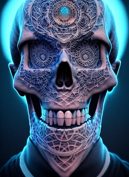 Image similar to 3 d shaman with tattoos profile portrait, sigma 5 0 0 mm f / 5. beautiful intricate highly detailed skull. bioluminescent, plasma, frost, water, wind, creature, gradient background, thunderstorm! artwork by tooth wu and wlop and beeple and greg rutkowski, 8 k trending on artstation,