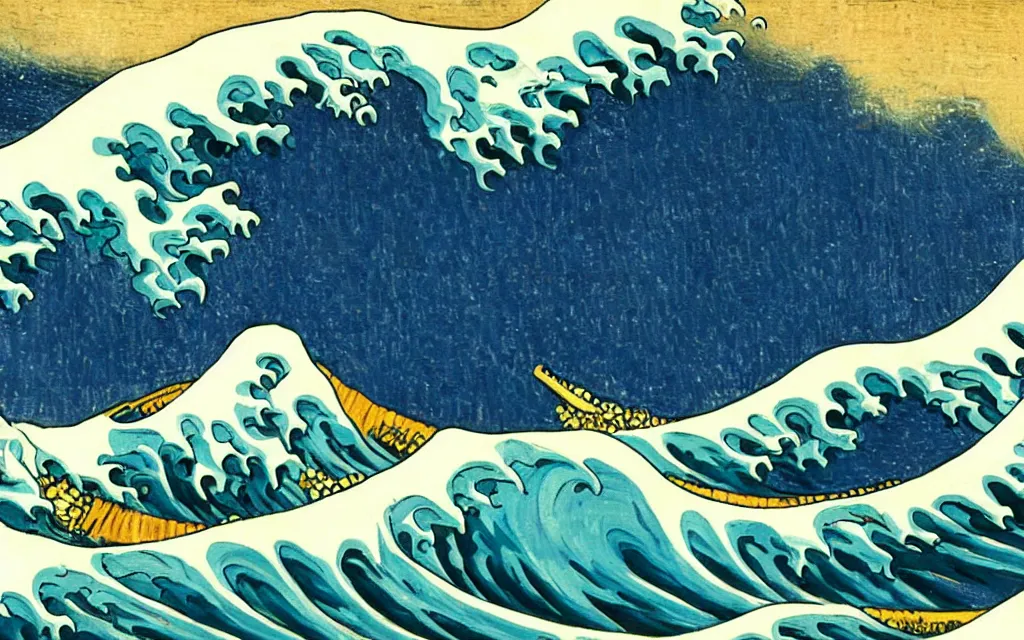 Prompt: a very beautiful and detailed painting of the great wave off kanagawa. vincent van gogh, 1 8 8 9. high resolution