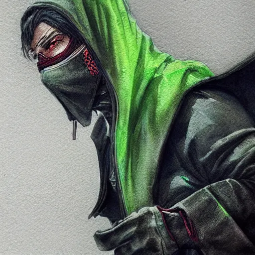 Image similar to realistic and professional watercolor artwork of a dark fantasy hooded ninja warrior with neon green lines, futuristic style outfit, super detailed, trending on artstation, concept art, portrait, dramatic light, painted by greg rutkowski