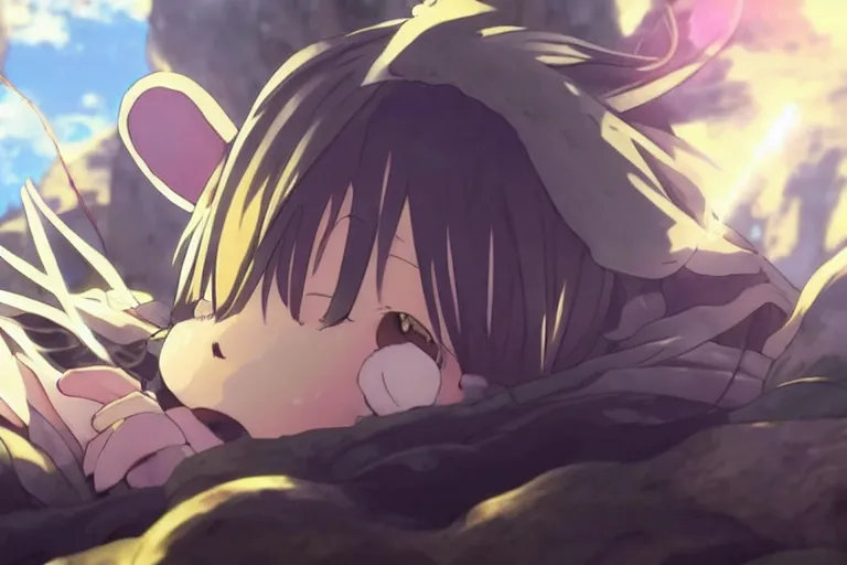 Image similar to anime key visual from Made in abyss, a close-up shot of SLEEPING CALICO CAT, beautiful lighting, god rays, stunning anime art