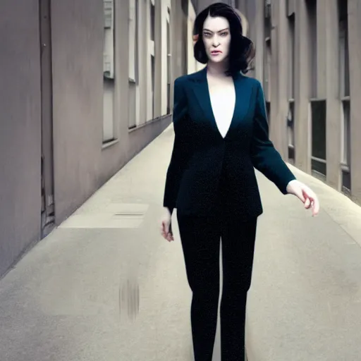 Image similar to stoya realistic expired kodak film full body portrait of an woman in street with suit on, hyperrealism, hypermaxiymalism, photorealistic, detailed, atmospheric, 8 k, award winning photography, cinematic