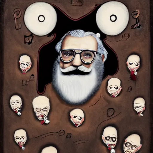 Image similar to old man white beard, synthesizer, notaes and clefs around him, lowbrow surrealistic, in the style of Mark Ryden,