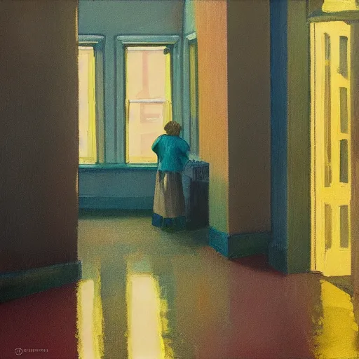 Image similar to Old Glasgow tenements in the style of Edward Hopper, rain, golden hour, beautiful light