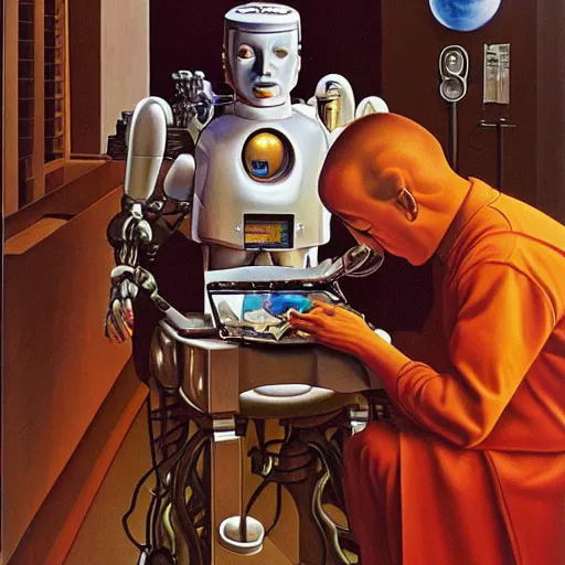 Prompt: robot artist artist painting a self portrait, by clyde caldwell, james c. christensen, george tooker