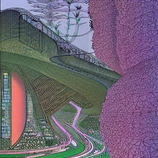 Image similar to city of the future in harmony with nature. Beautiful detailed illustration by moebius (1975).