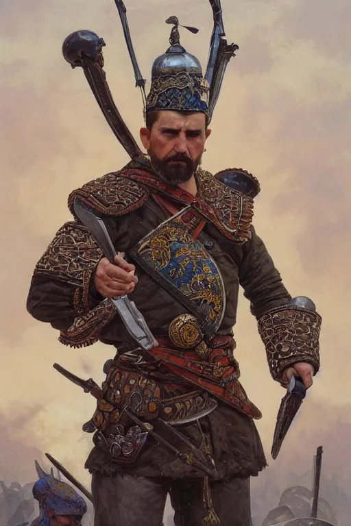 Image similar to an accurate image of a Ukrainian muscular cossack standing on a pile of skulls as a winner, masculine figure, D&D, fantasy, intricate, elegant, highly detailed, extremely detailed, digital painting, artstation, concept art, matte, sharp focus, symmetrical, illustration, art by Artgerm and Greg Rutkowski and Alphonse Mucha