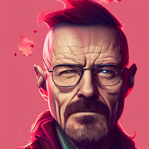 Prompt: high quality illustration, walter white realistic portrait, cyberpunk colors, vaporwave, retro, neotrad, lois van baarle, moebius, league of legend, digital painting, james jean