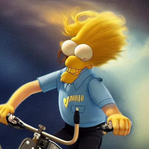 Image similar to Hyper realistic portrait of Joe Biden riding a bicycle made of wonderfully fragrant long flowing hair with Lisa Simpson sitting on the handlebars, Cinematic lighting, ultra super good realistic 3D render by Gerald Brom and James Jean, Trending on Artstation, I can't believe how detailed this is, 8k, post processing, sharp focus.