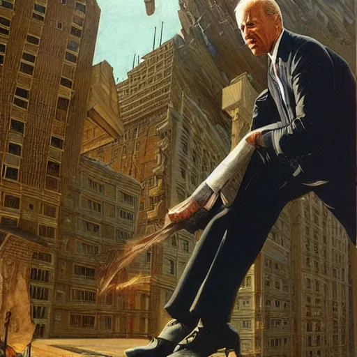 Image similar to immense, majestic, surreal, terrifying joe biden crushing buildings under his heel, perfectly clear face, by j. c. leyendecker and beksinski