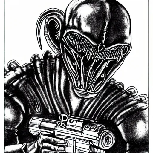 Prompt: a black ink drawing of an alien from the movie aliens