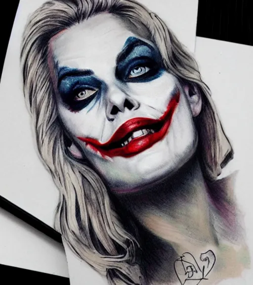 Image similar to tattoo design sketch of beautiful margot robbie with faded joker makeup and holding an ace card, in the style of den yakovlev, realistic face, black and white, realism tattoo, hyper realistic, highly detailed