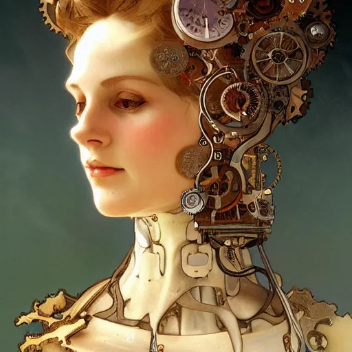 Prompt: A close-up portrait of a beautiful female robot wearing an intricate cracked porcelain face by Alphonse Mucha, exposed inner gears, shining fiery eyes, steampunk, gears, steam, art nouveau card, concept art, wlop, trending on artstation