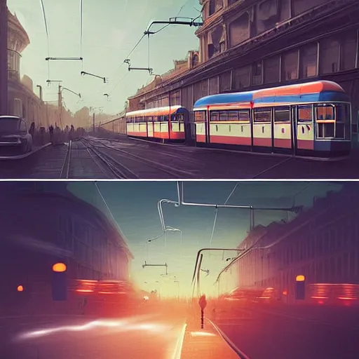 Prompt: retro futuristic vintage cars, buses, trams, street scene, atmospheric lighting, painted, intricate, volumetric lighting, beautiful, daytime, sunny weather, slight overcast, sharp focus, deep colours, ultra detailed, by leesha hannigan, ross tran, thierry doizon, kai carpenter, ignacio fernandez rios