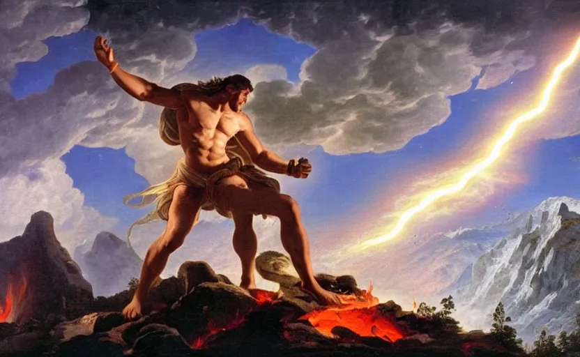 Prompt: gigachad fighting zeus on top of a mountain, fire, lightning, shockwave, explosion