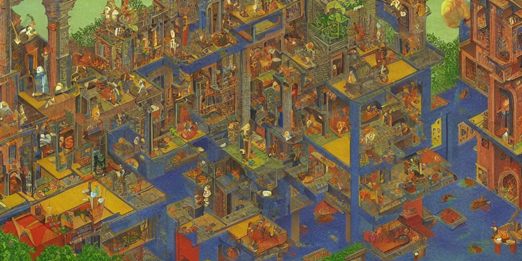 Image similar to the last virtual art museum in a 9 0's video game, made in 1 9 9 0, in the style of mc escher and heironymus bosch, colorful intricate masterpiece, hyper detailed