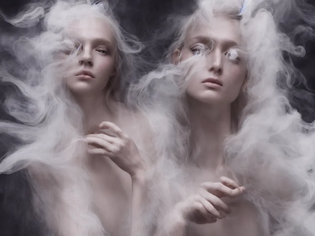 Prompt: kodak portra 4 0 0 of a delicate, dreamy, feminine, subsurface scattering, white, young beautiful bio - mechanical opal cyborg by paolo roversi, long white hair floating in air, fluid smoke art, octane render, dino valls, highly detailed, head in focus, cinematic lighting, hyper realism, 8 k