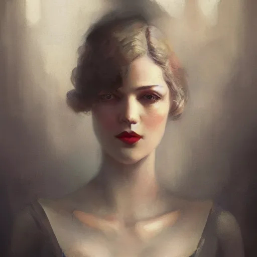 Image similar to beautiful young woman, 1 9 2 0 s, femme fatale, high detail, dramatic light, digital art, dark, painted by seb mckinnon and greg rutkowski, trending on artstation