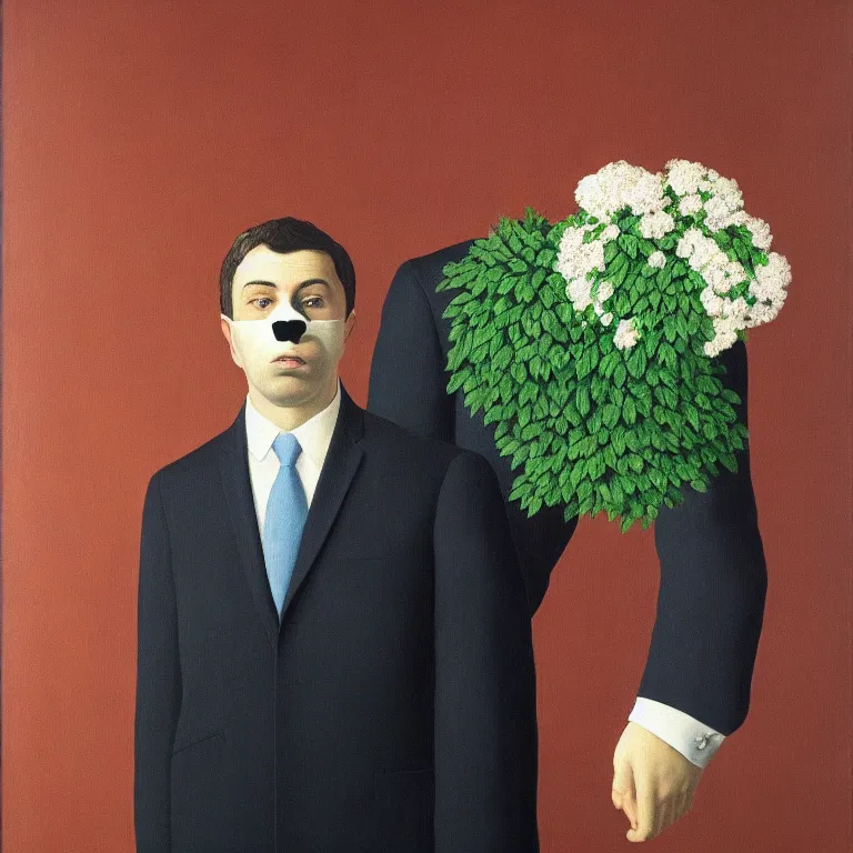 Image similar to portrait of man in a suit with flowers hiding his face by rene magritte, detailed painting, hd, hq, high resolution, high detail, 4 k, 8 k