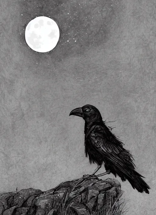 Image similar to portrait, A crow in front of the full big moon, book cover, red white and black colors, establishing shot, extremly high detail, foto realistic, cinematic lighting, pen and ink, intricate line drawings, by Yoshitaka Amano, Ruan Jia, Kentaro Miura, Artgerm, post processed, concept art, artstation, matte painting, style by eddie mendoza, raphael lacoste, alex ross