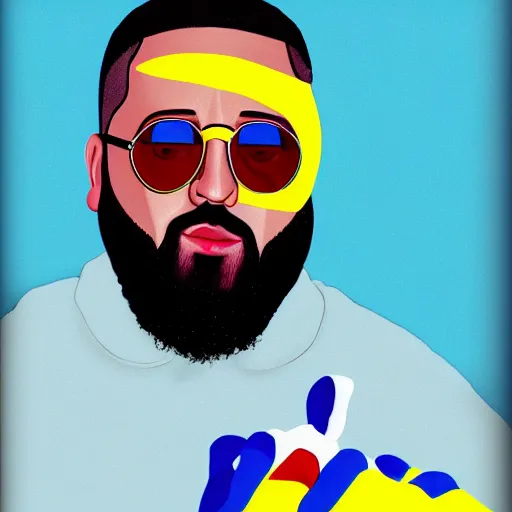 Image similar to ultra realistic portrait of dj khaled in a studio, ultra detailed, under blue, red and yellow cinematic lighting, salvador dali, cartoon, monument valley, escher