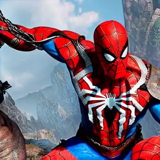 Image similar to screenshot of the game God of War with Kratos and Spiderman high fiving | Sony Pictures official media | Spiderman | Spiderman | Spiderman