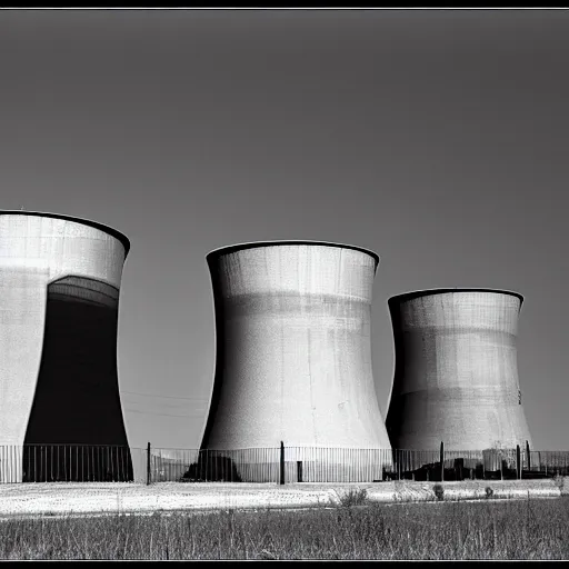 Prompt: black and white photo of a nuclear facility