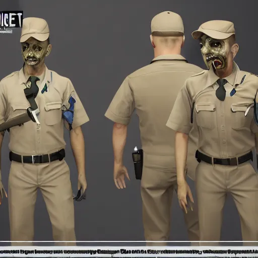 Image similar to zombie! security officers beige! uniform and caps trending on artstation very realistic proportional accurate high detail 4 k 8 k hd