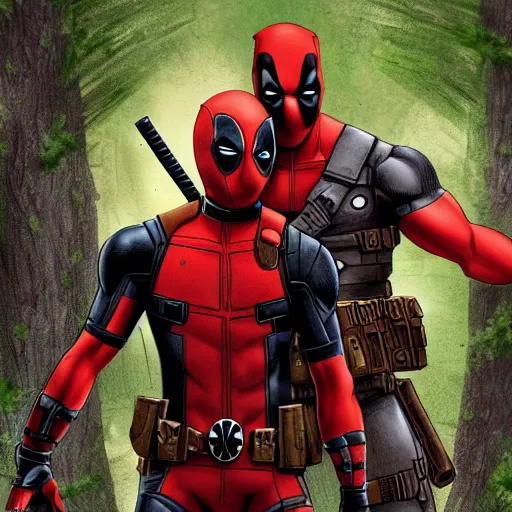 Image similar to deadpool and rocket raccoon in the woods digital art 4 k detailed