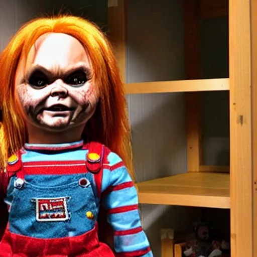 Image similar to chucky the killer doll standing in a toy room