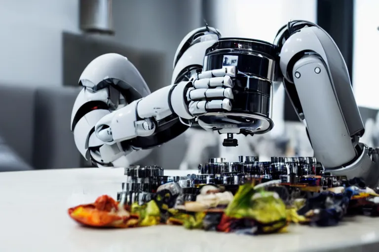 Image similar to wide - angle shot of a robot eating hard drives from a funnel