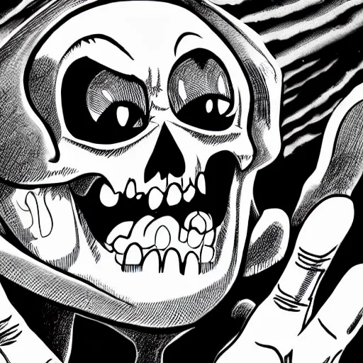 Image similar to a black and white detailed comic cartoon drawing in the style of jack kirby, joe kubert, alex toth, of the skeleton of death giving a thumbs up and smiling, trending on artstation, 4 k