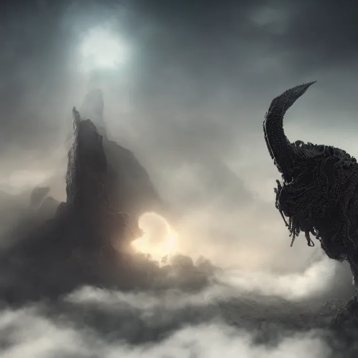 Image similar to a lovecraftian monster emerges out of the clouds, volumetric lighting, fog, atmospheric, high resolution, rendering, octane, redshift